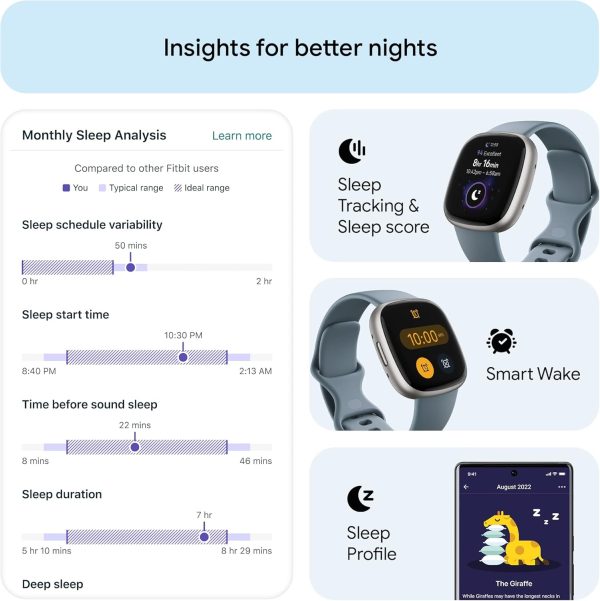 Fitbit Versa 4 Fitness Smartwatch with Daily Readiness, GPS, 24/7 Heart Rate, 40+ Exercise Modes, Sleep Tracking and more, Waterfall Blue/Platinum, One Size (S & L Bands Included) - Image 2