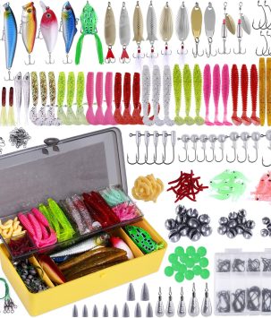 PLUSINNO Fishing Lures Baits Tackle Including Crankbaits, Spinnerbaits, Plastic Worms, Jigs, Topwater Lures, Tackle Box and More Fishing Gear Lures Kit Set, 102/302Pcs Fishing Lure Tackle